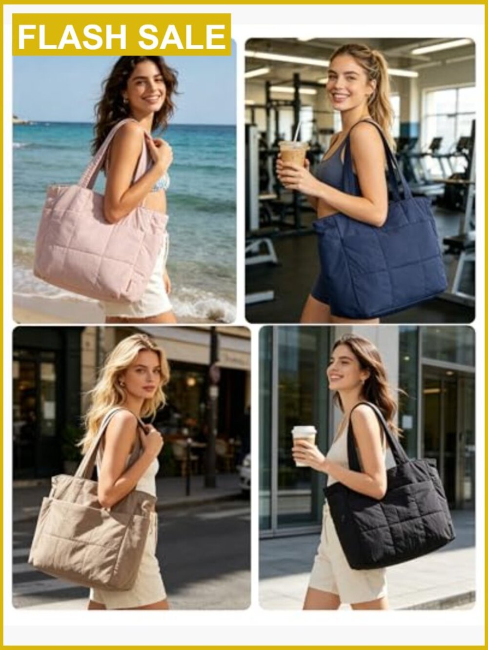 Puffy Tote Bag Set with Laptop Compartment, Lightweight Travel Handbags Set of 2 - Picture 2 of 7